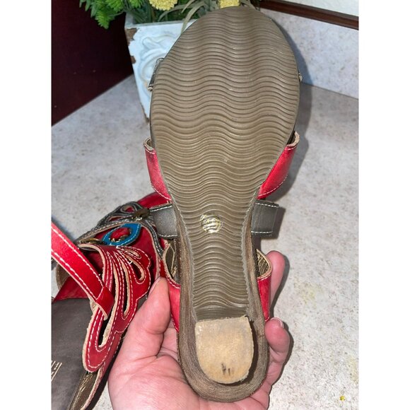 LArtiste Womens Red & Brown Leather Open-Toe Heeled Sandals With Gemstone Accent - Picture 10 of 10